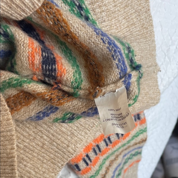 Women's Beige 100% Wool Crewneck Sweater with Orange & Green Stripes - Picture 4 of 5